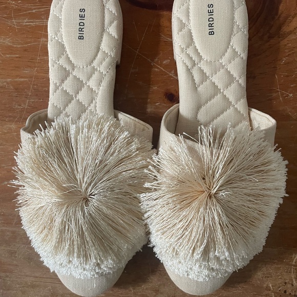 Birdies Songbird Pom Pom Linen Fabric Crème Slides Ballet Flats Mules Size 7.5 - Picture 9 of 11